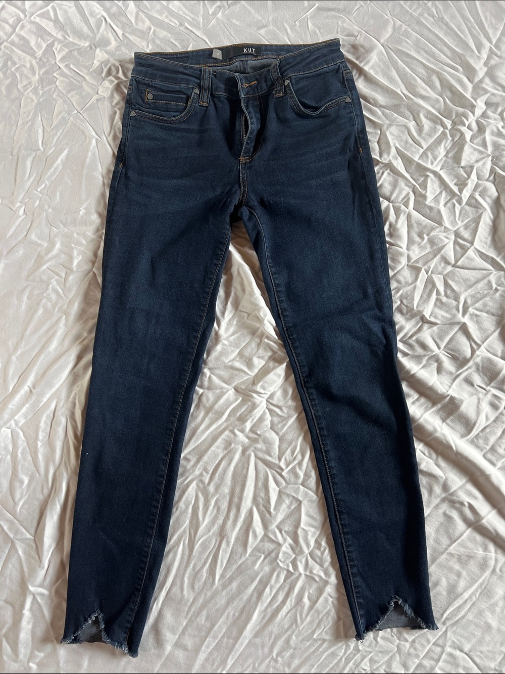 Kut from the Kloth Dark Indigo Skinny Jeans with Raw Hem Detail